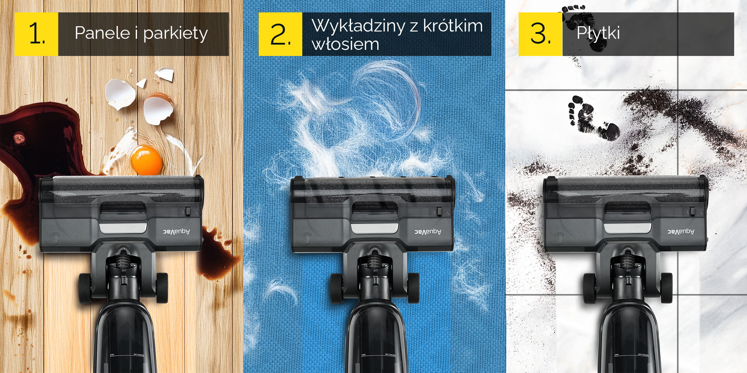 Obraz przedstawia odkurzacz czyszczący trzy różne powierzchnie: drewno z rozlanym płynem i jajkiem, niebieską tkaninę i podłogę z płytek ze śladami stóp.