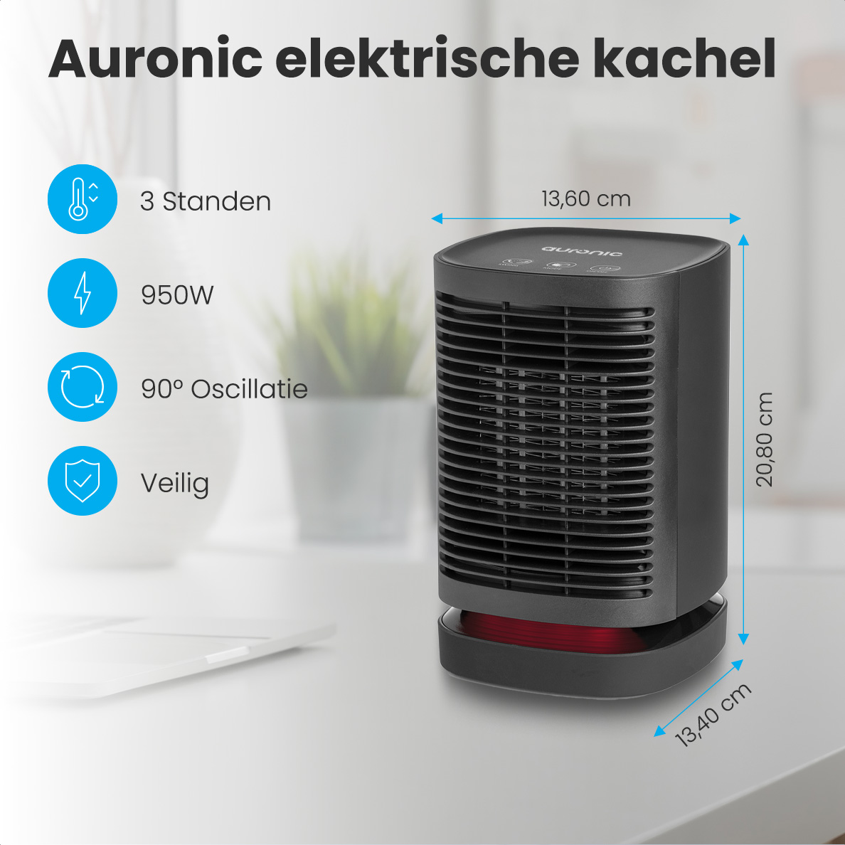 A black Auronic electric heater on a white table. Features: 3 settings, 950W, 90° oscillation, safety. Dimensions are displayed.