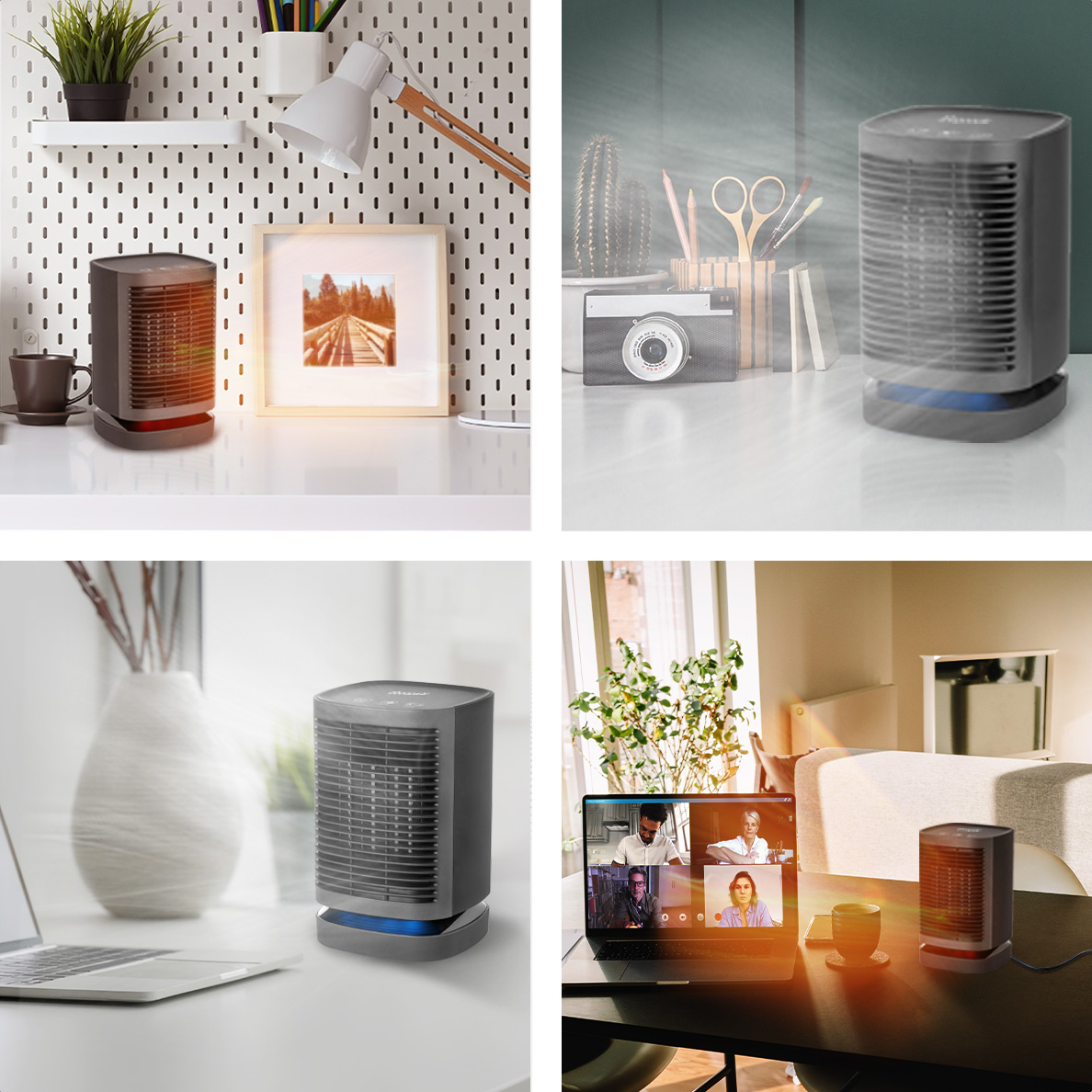A gray space heater is on a desk. A laptop shows a video call. A cup and phone are nearby. A window is in the background.