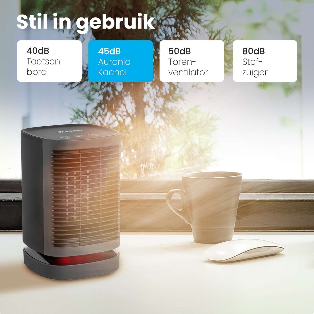 A dark gray Auronic Kachel heater with a red base is on a white surface. A mug, mouse, and text boxes are nearby.
