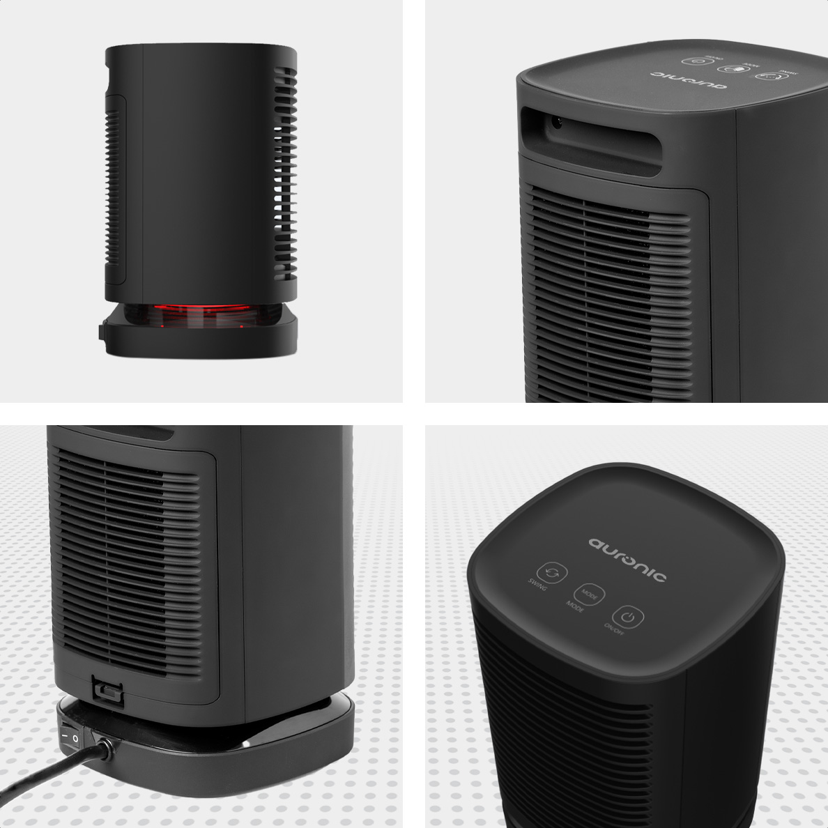 A black Auronic space heater. It has a power button, mode and swing controls. The base has a power cord and a red light. 