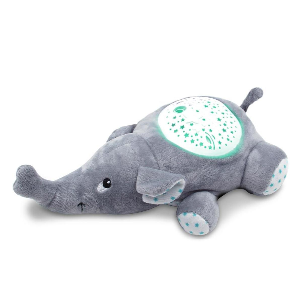 A gray plush elephant toy with a star-projecting light on its back. The elephant has blue stars on its feet.