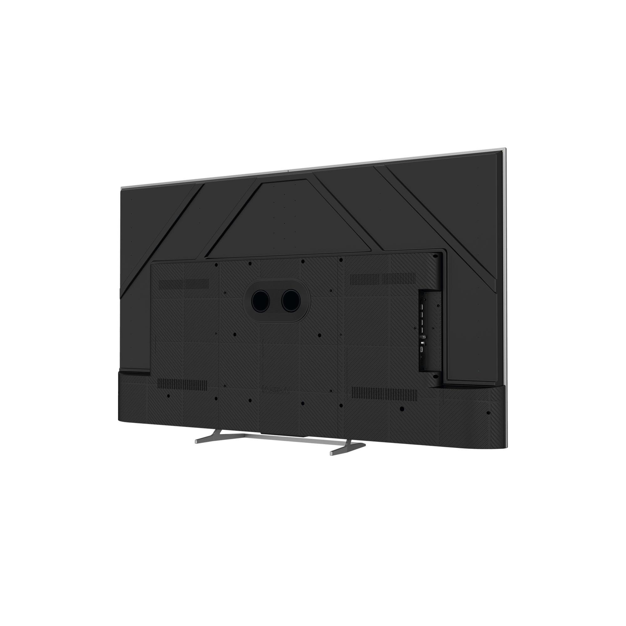 La parte posteriore di una TV nera con porte, prese d'aria e un supporto è visibile.
