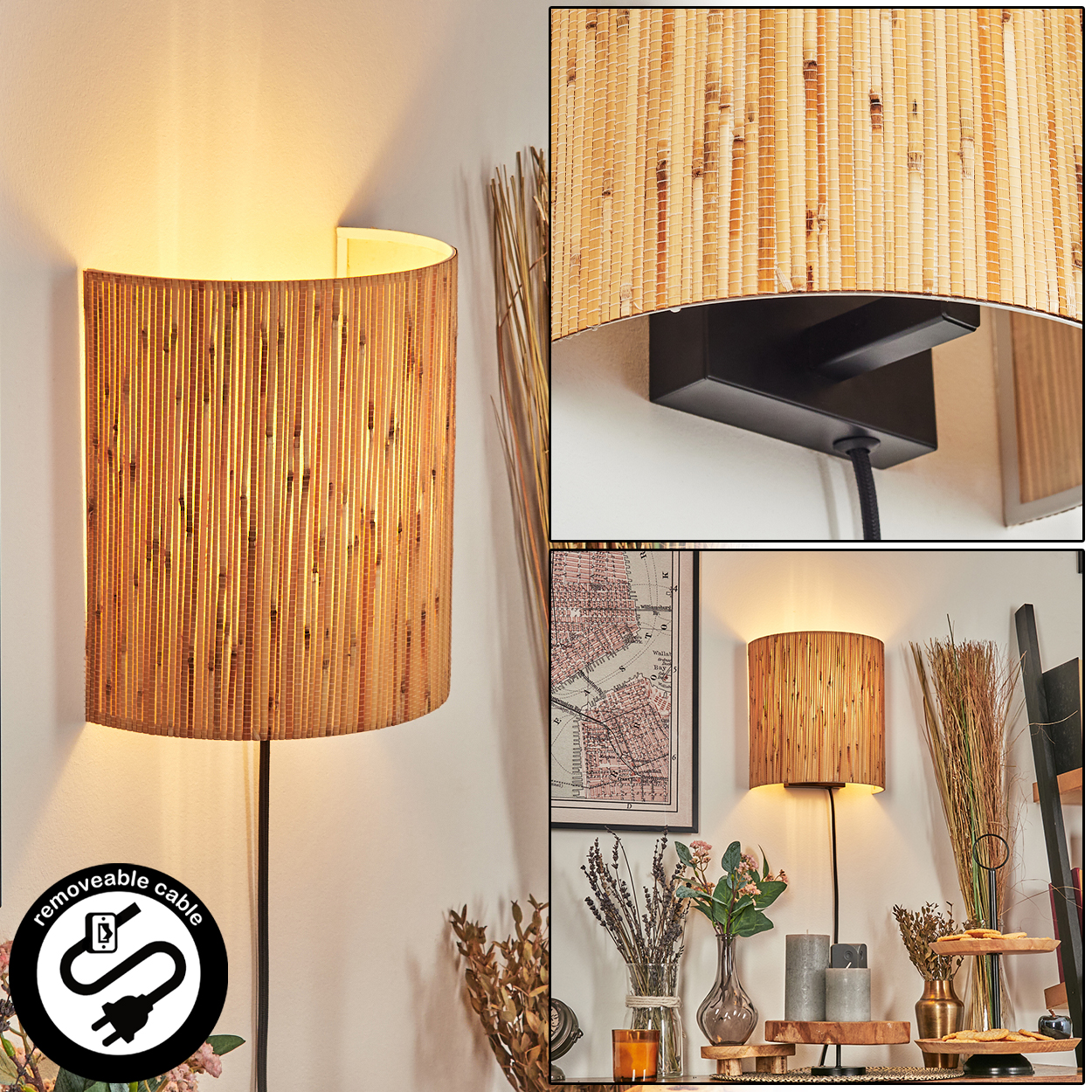 Eine Wandlampe mit gewebtem Schirm leuchtet, umgeben von Dekoration, darunter eine Karte, Kerzen und Blumen.