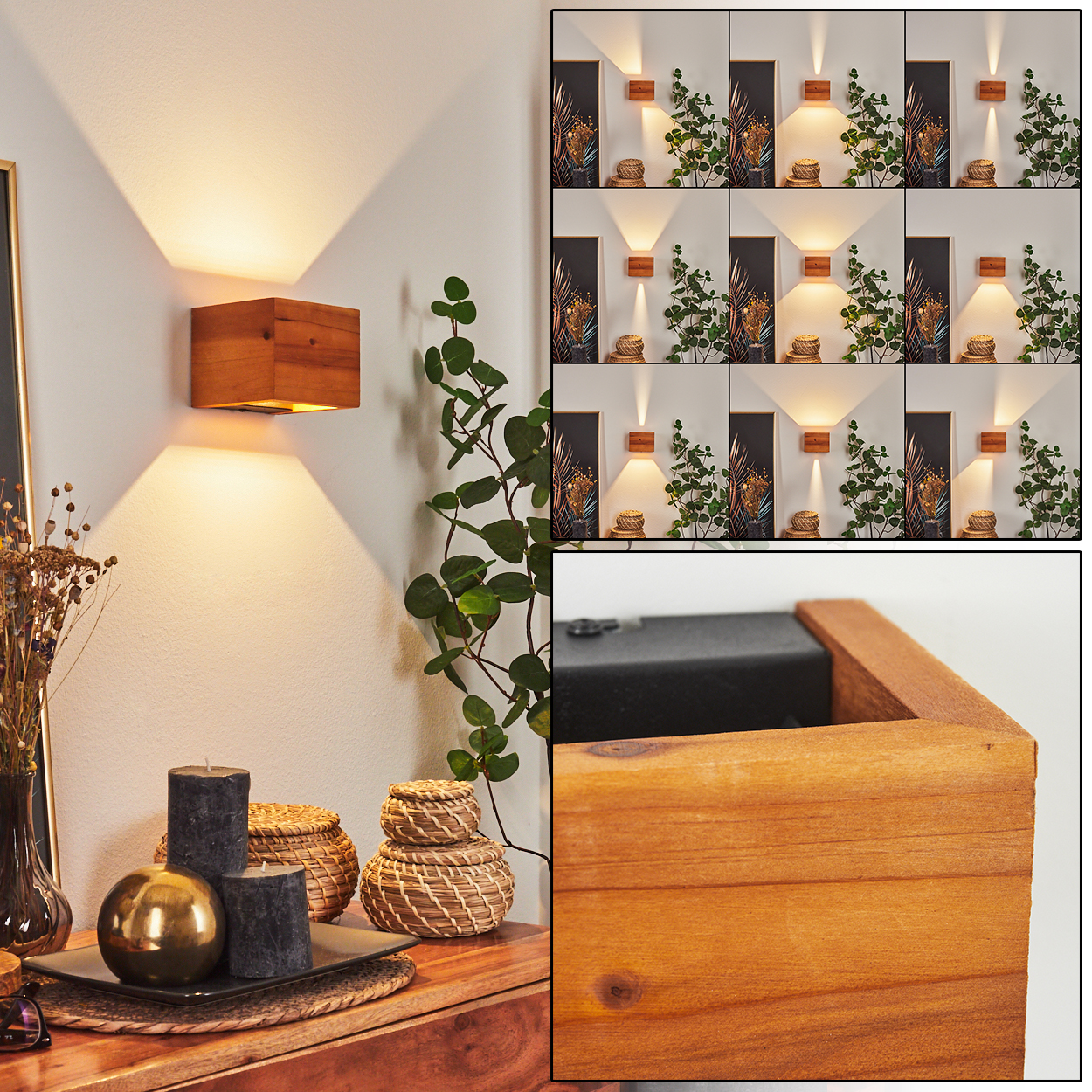 Eine hölzerne Wandleuchte an einer weißen Wand. Darunter ein Holztisch mit Kerzen, einer goldenen Kugel und dekorativen Körben.