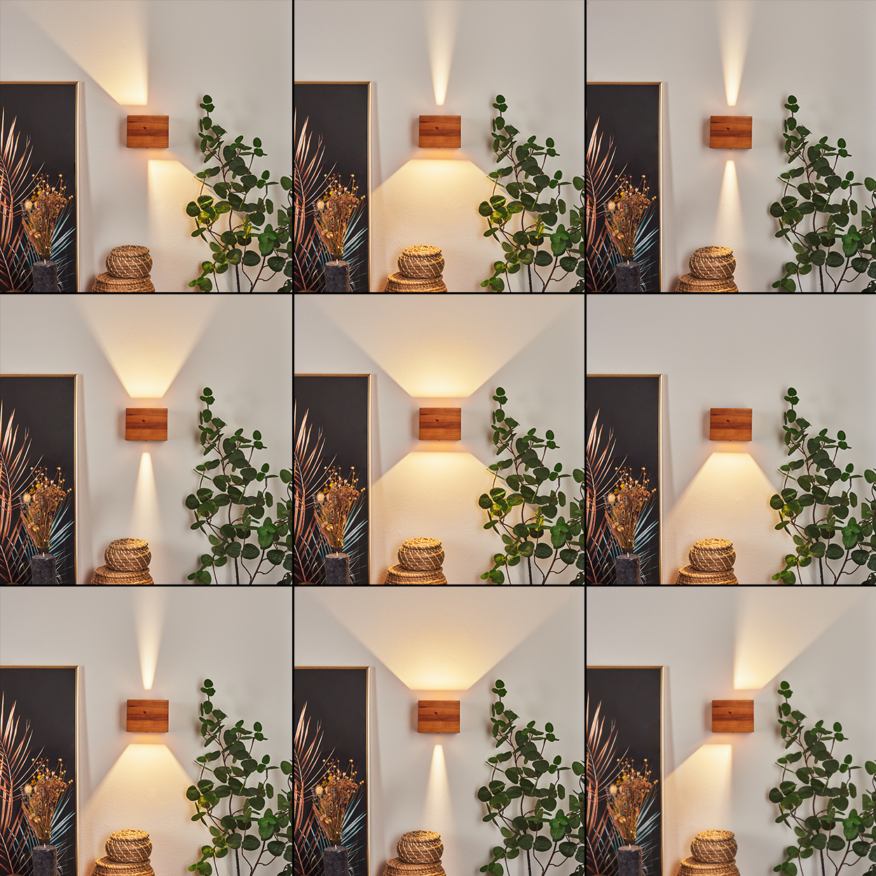 Neun Bilder zeigen eine Wand mit einer Holzlampe, Pflanzen und einem gerahmten Bild. Das Licht der Lampe variiert in Intensität und Richtung.