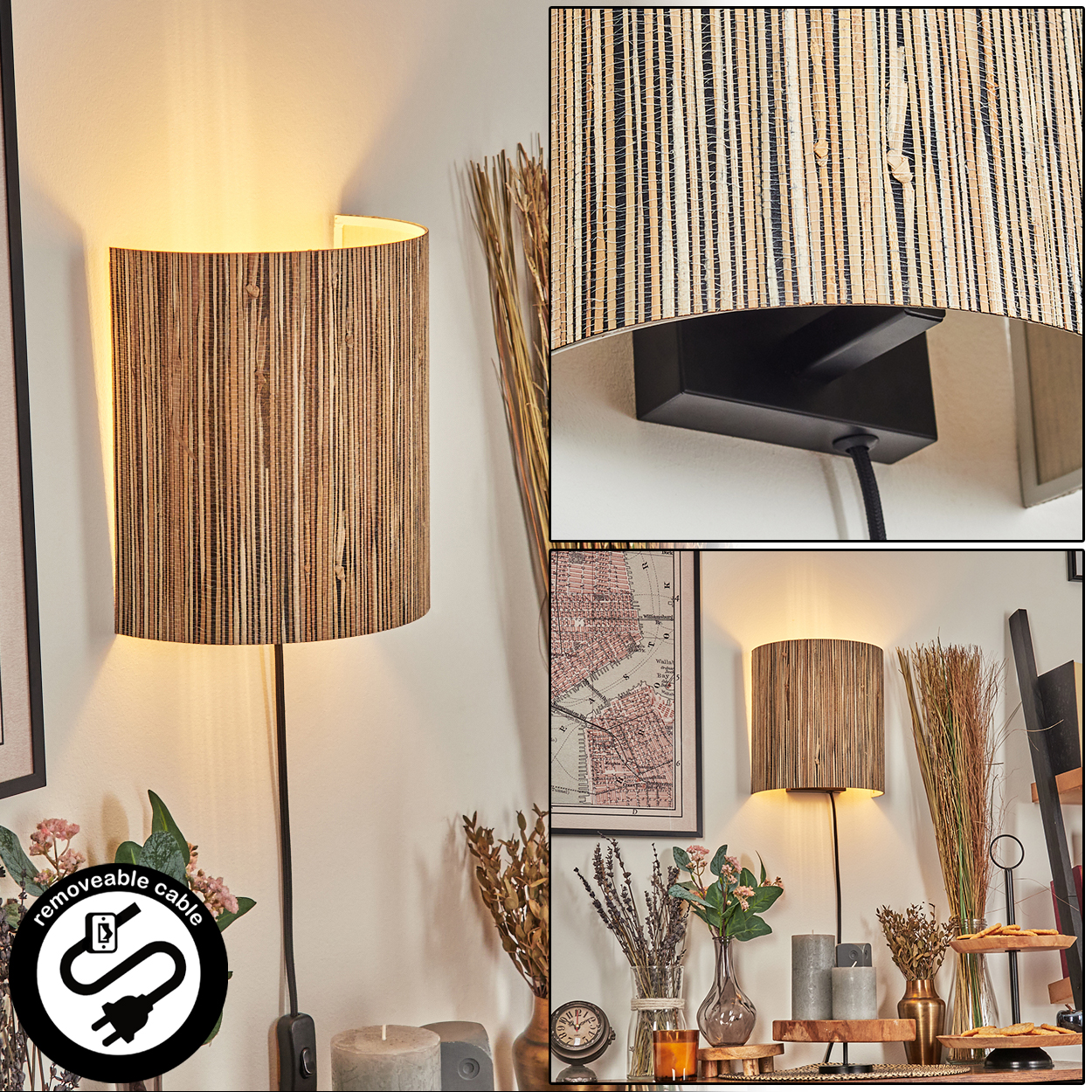Eine Wandlampe mit zylindrischem Lampenschirm aus vertikalen Bambusstreifen. Ein abnehmbares Kabel hängt herunter. Blumen, Kerzen und eine Karte sind ebenfalls zu sehen.