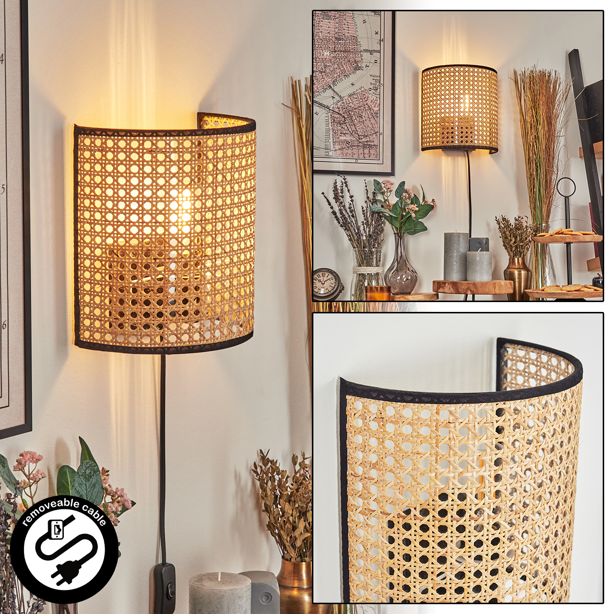 Eine gewebte Lampe ist an einer Wand montiert. Ein schwarzes Kabel führt zum Schalter. Weitere Dekorationen umfassen Blumen und eine Karte.