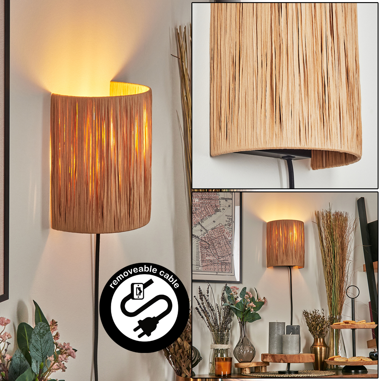 Eine beige Wandleuchte mit strukturiertem Schirm ist an einer weißen Wand befestigt. Die Lampe leuchtet und wirft einen warmen Schein.