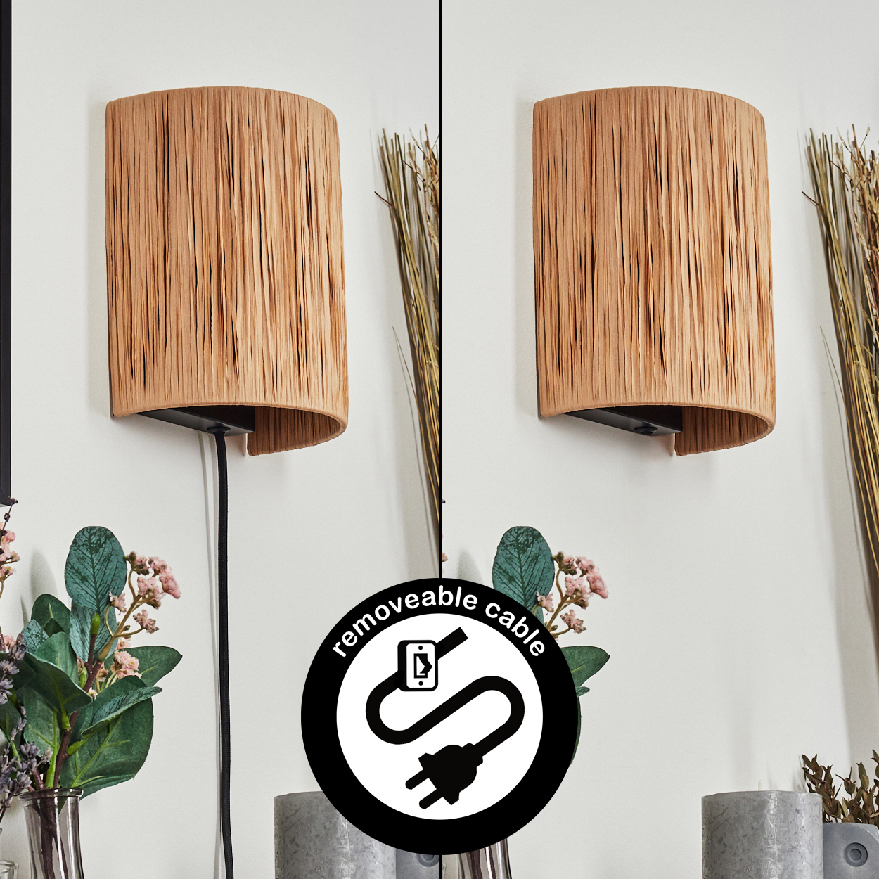 Zwei Wandleuchten mit gewebten Schirmen, schwarzen Kabeln und Blumengestecken. Ein Symbol für ein abnehmbares Kabel im Vordergrund.