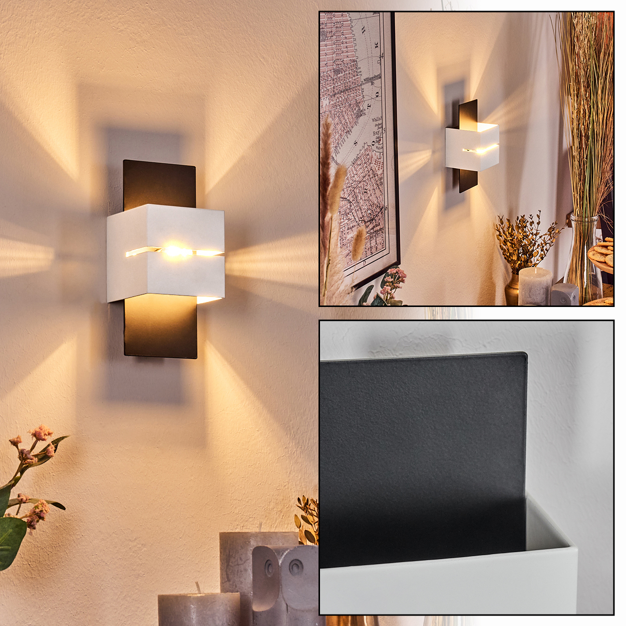 Eine moderne Wandlampe ist an der Wand montiert. Die Lampe hat ein weißes rechteckiges Licht und einen schwarzen Sockel, Kerzen und eine Karte im Hintergrund.