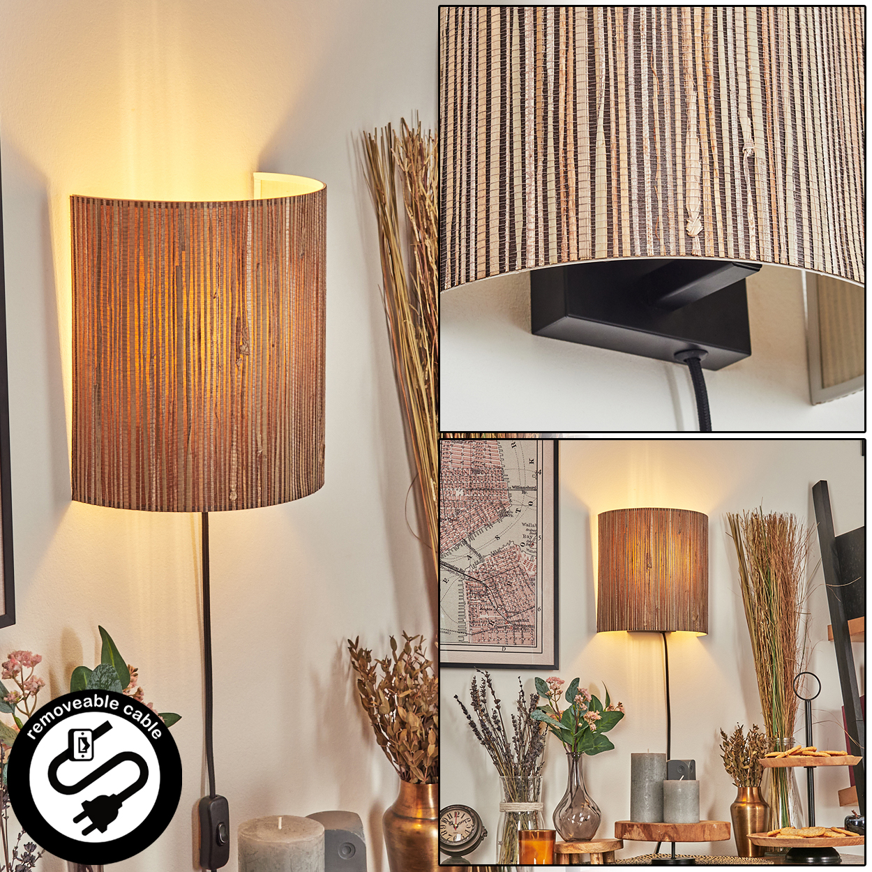 Eine Wandlampe mit zylindrischem Schirm aus braunem, strukturiertem Material. Ein abnehmbares Kabel ist sichtbar. Die Szene enthält Dekor.