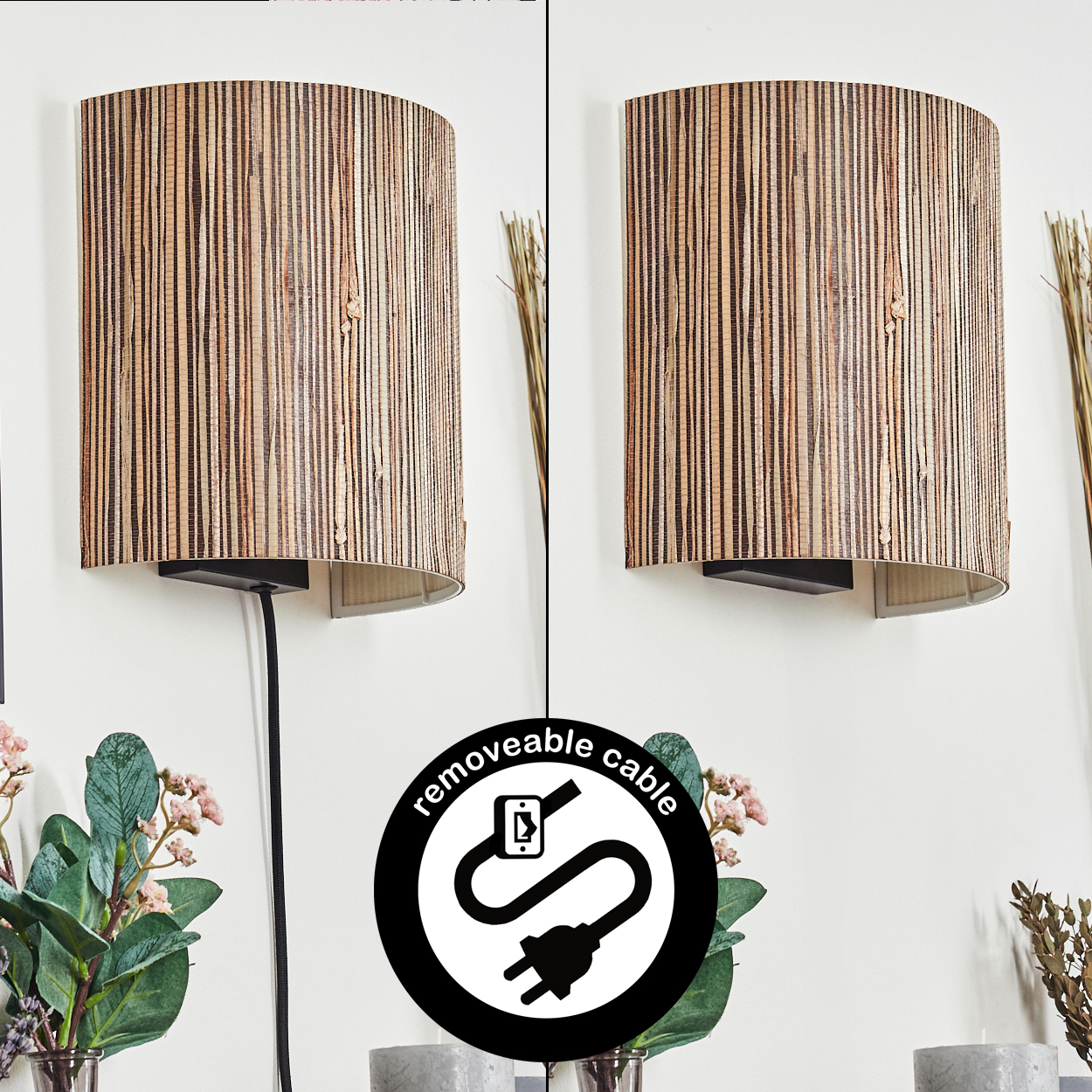 Zwei Lampen mit Holzdesign an einer weißen Wand. Die Lampen haben ein schwarzes Netzkabel. Das Bild enthält auch ein Symbol für ein abnehmbares Kabel.
