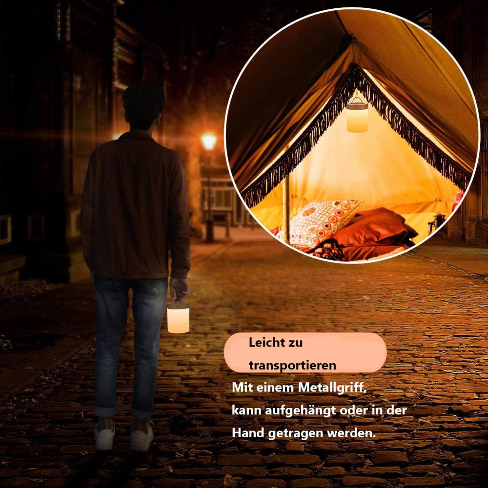 Eine Person geht eine Kopfsteinpflasterstraße entlang und hält eine leuchtende Laterne. Ein Zeltinneres wird in einem Kreis gezeigt.