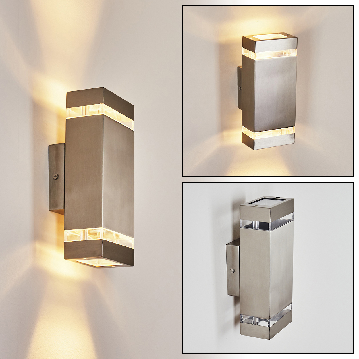 Drei Bilder von modernen Wandleuchten aus Metall. Die Lampen haben ein rechteckiges Design mit leuchtenden Lichtpaneelen.