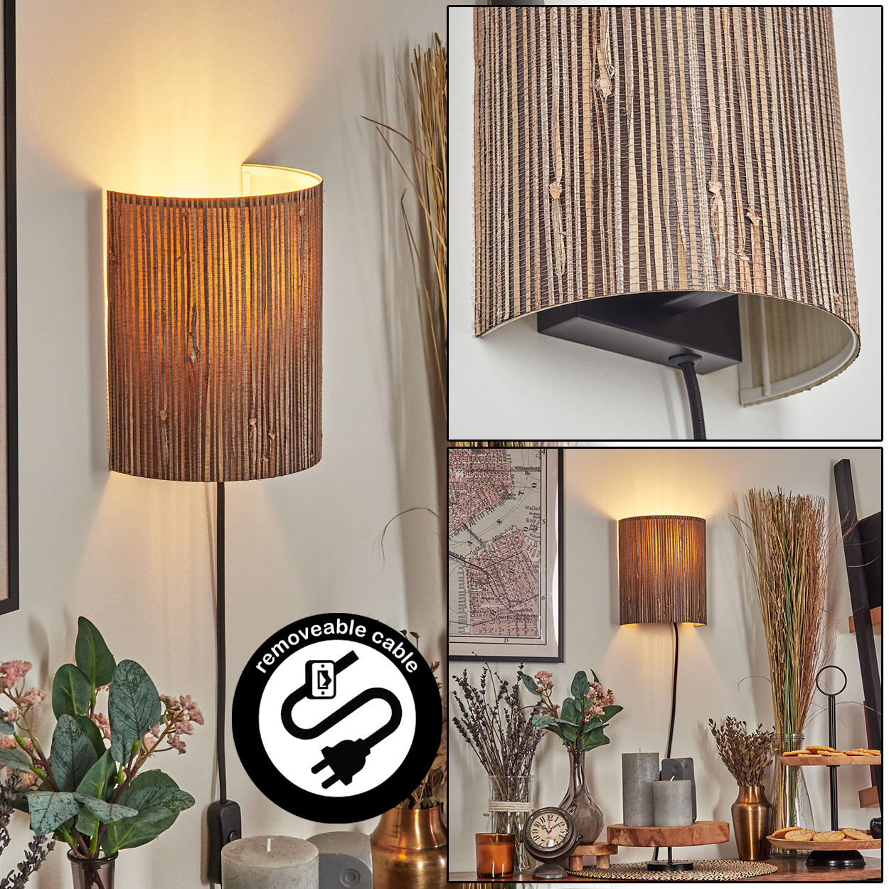 Eine Wandlampe mit braunem Lampenschirm an der Wand. Ein Zeichen für ein abnehmbares Kabel befindet sich im unteren Teil, zusammen mit anderen Dekorationsartikeln.