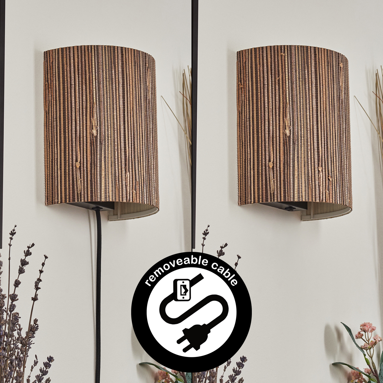 Zwei Wandlampen mit Holzschirmen. Ein Symbol für ein abnehmbares Kabel befindet sich in der Mitte. Blumenschmuck in den unteren Ecken.