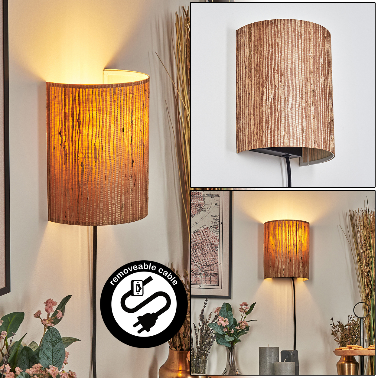 Eine dekorative Wandleuchte mit strukturiertem Lampenschirm. Sie ist beleuchtet und hat ein abnehmbares Kabel. Im Hintergrund befinden sich weitere dekorative Gegenstände.