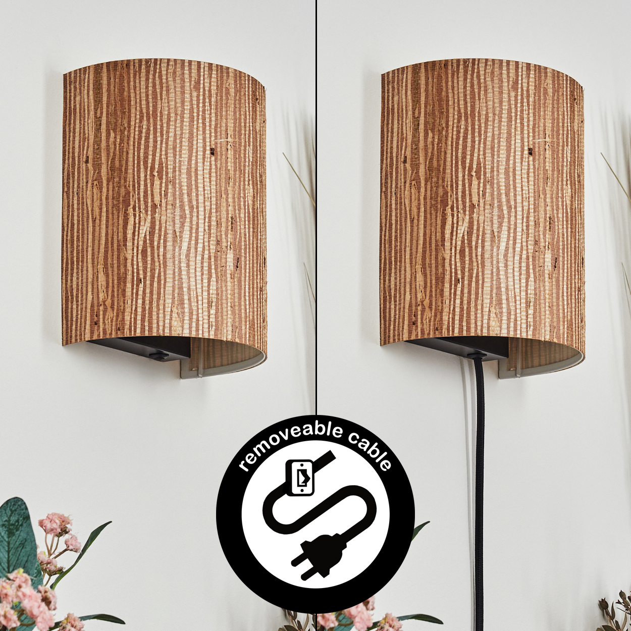 Zwei Wandlampen mit Holzmaserung. Eine mit Kabel. Ein Symbol für ein abnehmbares Kabel ist sichtbar.