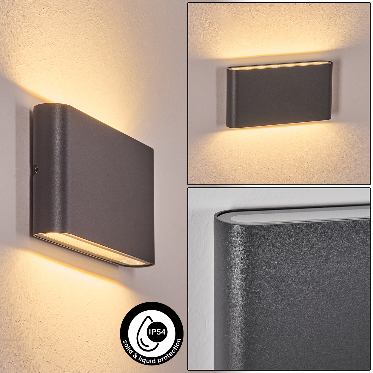 Drei Ansichten einer grauen Wandleuchte mit warmem Licht. Eine zeigt die Lampe, zwei zeigen Details. Die IP54-Bewertung wird angezeigt.