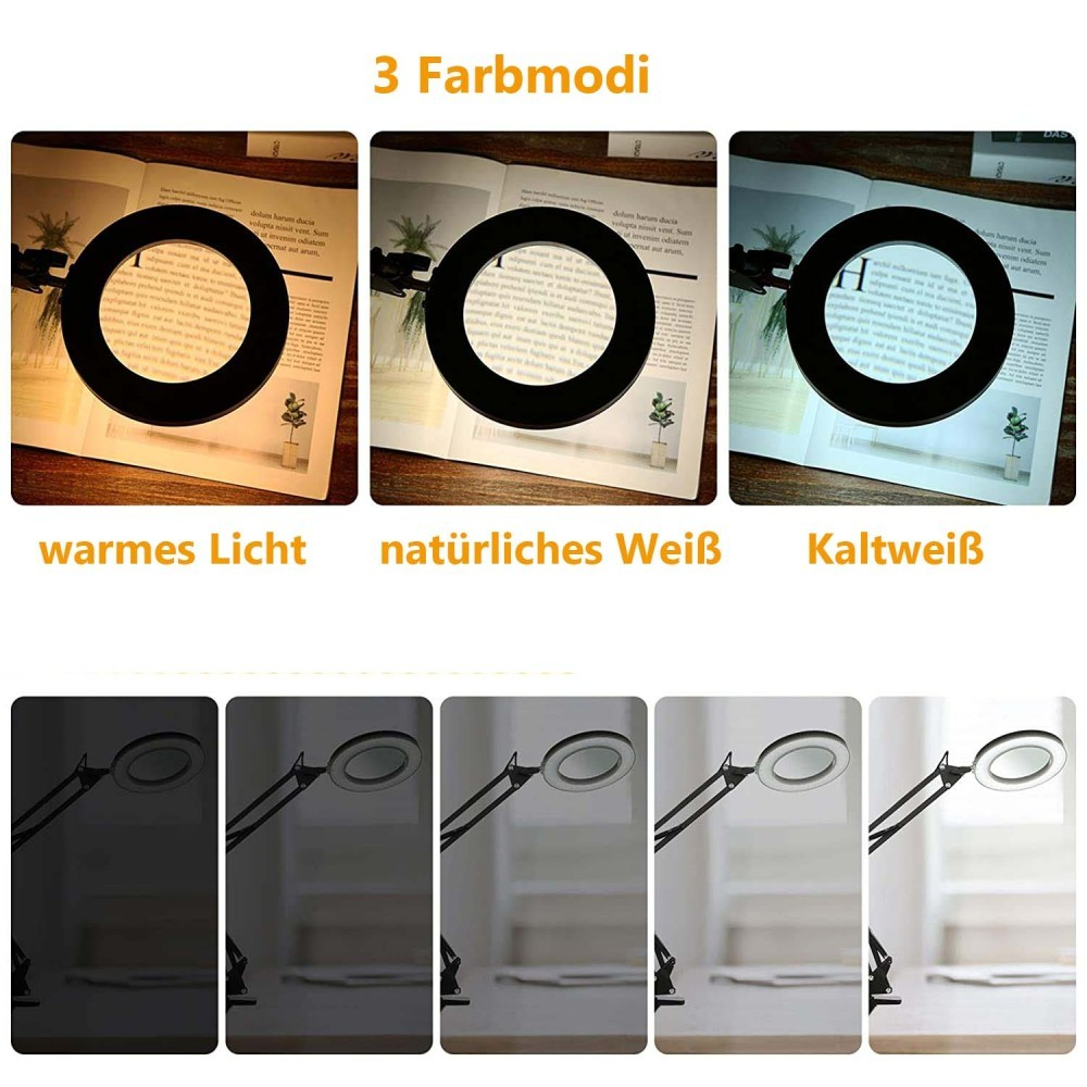 Das Bild zeigt eine Lupenlampe mit drei Lichteinstellungen: warm, natürlich und kaltweiß. Jede Einstellung beleuchtet ein Buch.