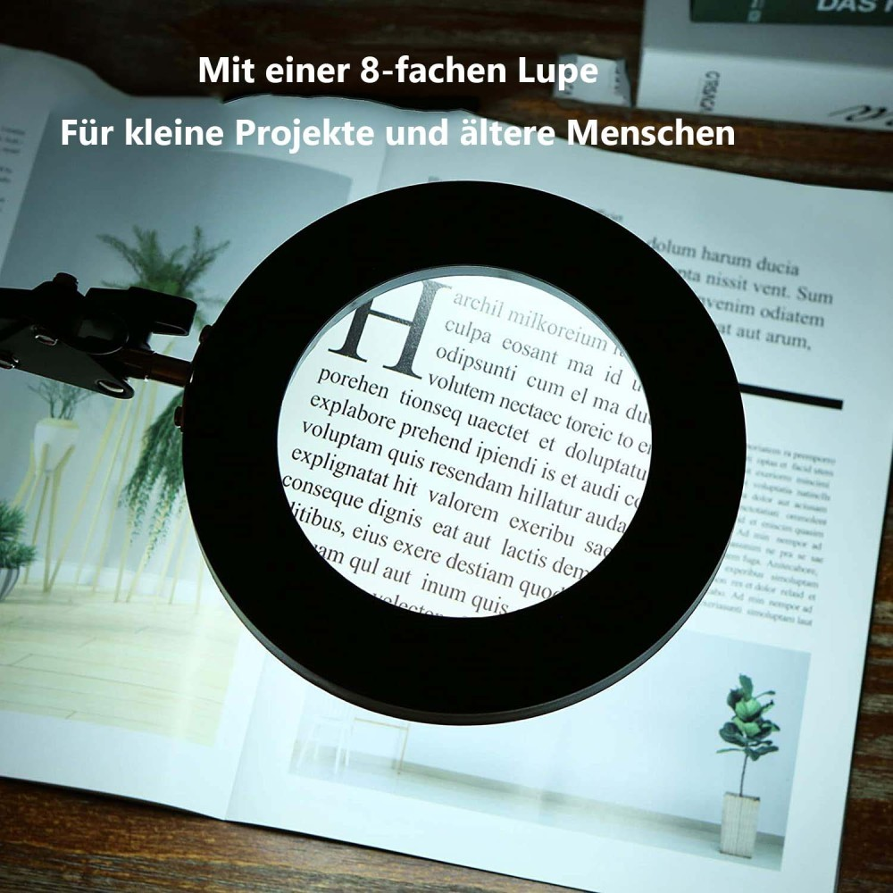 Eine Lupe über einem Buch. Der Text lautet 'Mit einer 8-fachen Lupe' und 'Für kleine Projekte und ältere Menschen'.