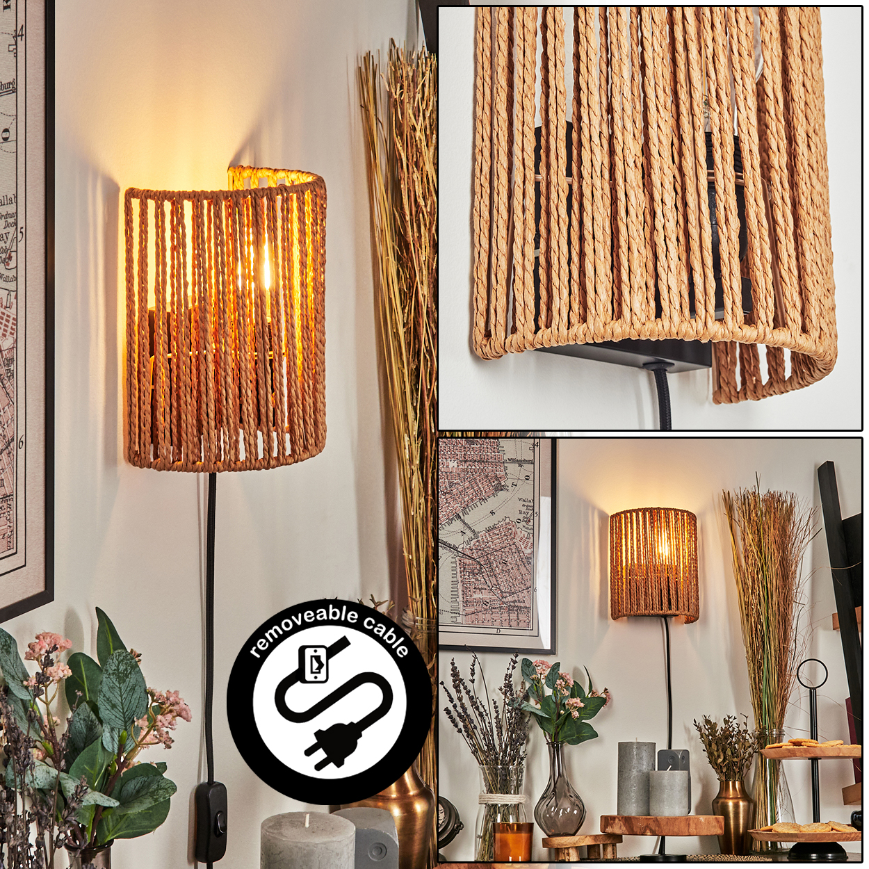 Eine Wandlampe aus gewebtem Seil ist beleuchtet und zeigt ihre Textur. Weitere Dekorationen sind Blumen, Kerzen und eine Karte.