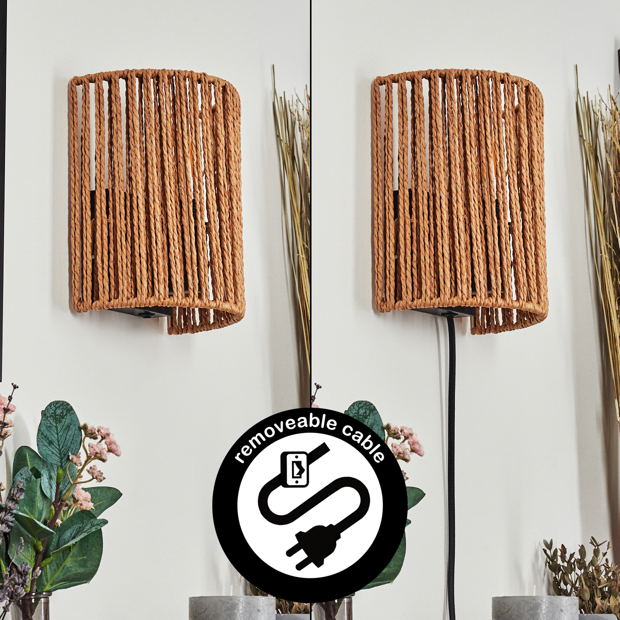 Zwei gewebte Wandleuchten. Eine hat ein Kabel. Schild zeigt Stecker- und Telefonsymbol. Pflanzen, Kerzen und getrocknete Stiele sind vorhanden.