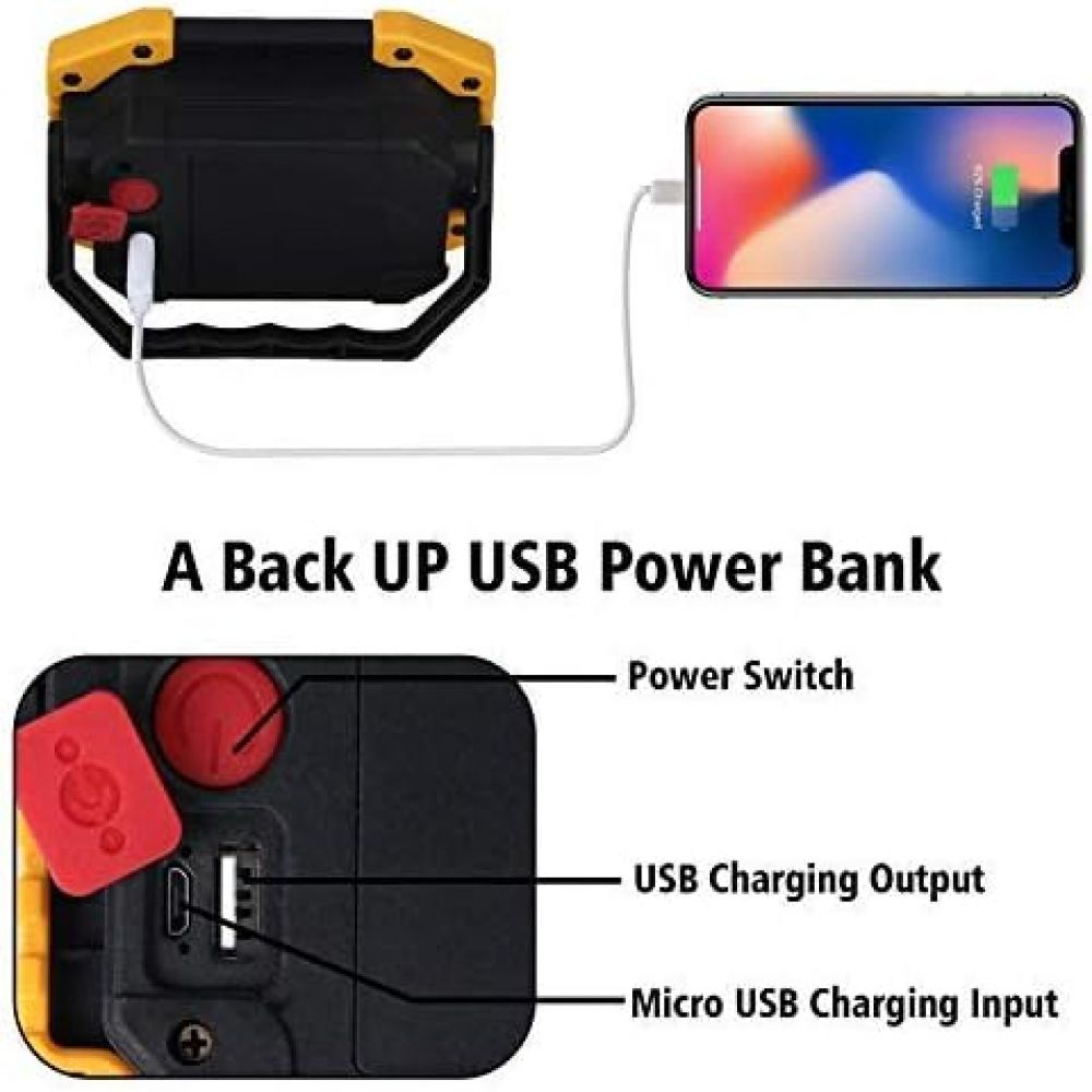Eine gelbe und schwarze Powerbank lädt ein Telefon. Details zeigen Netzschalter, USB-Lade- und Micro-USB-Eingänge.