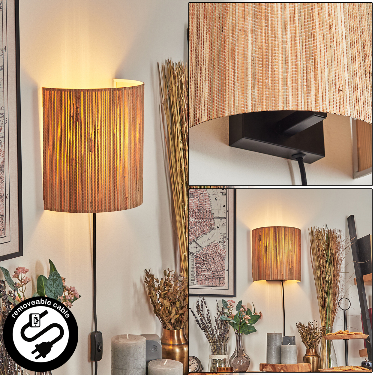 Eine Wandlampe mit gewebtem Schirm. Die Lampe ist an und wirft ein warmes Licht. Weitere Dekorationen sind Kerzen und getrocknete Pflanzen.