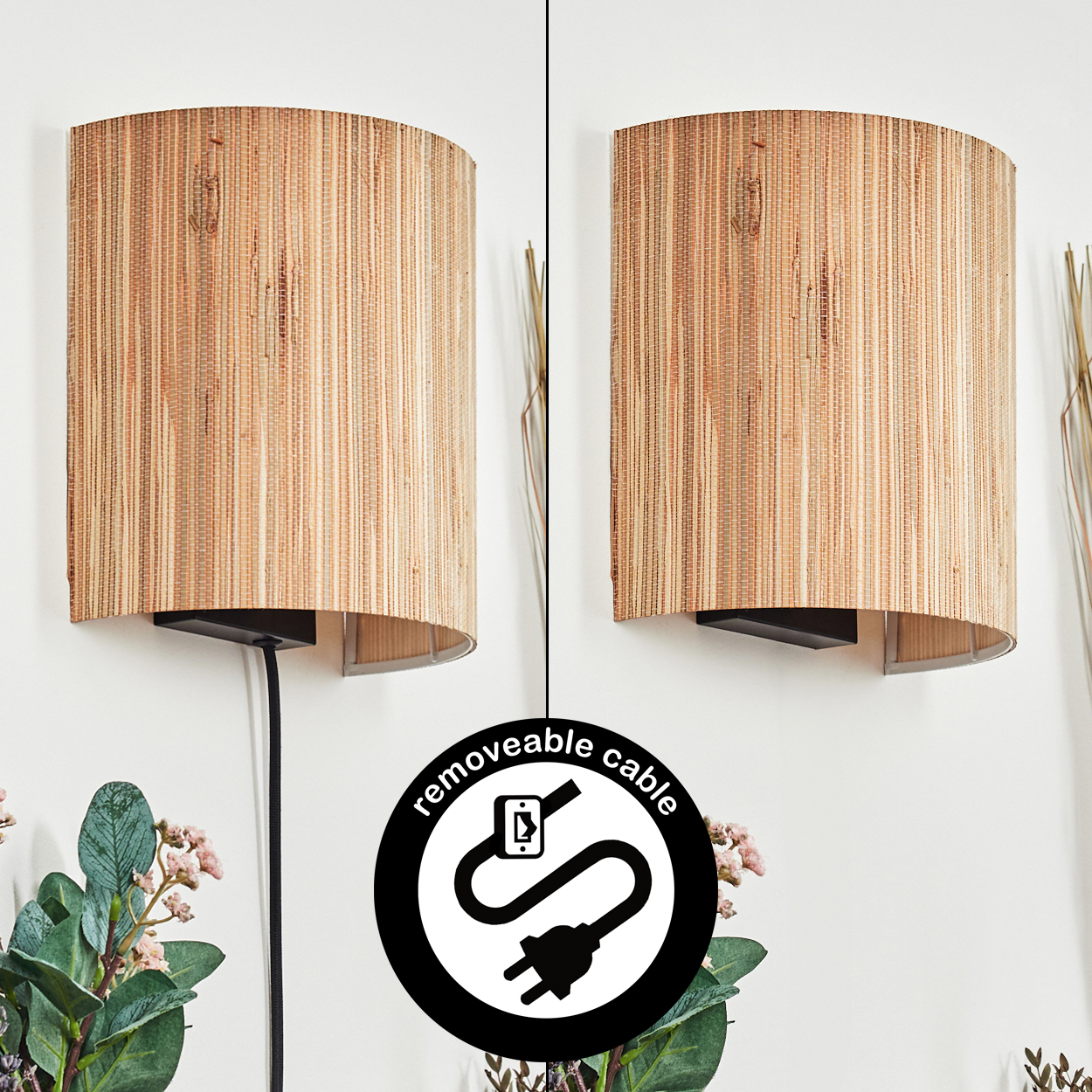 Zwei Wandleuchten mit gewebten Schirmen und schwarzen Sockeln. Ein Symbol für ein abnehmbares Kabel befindet sich im Vordergrund.
