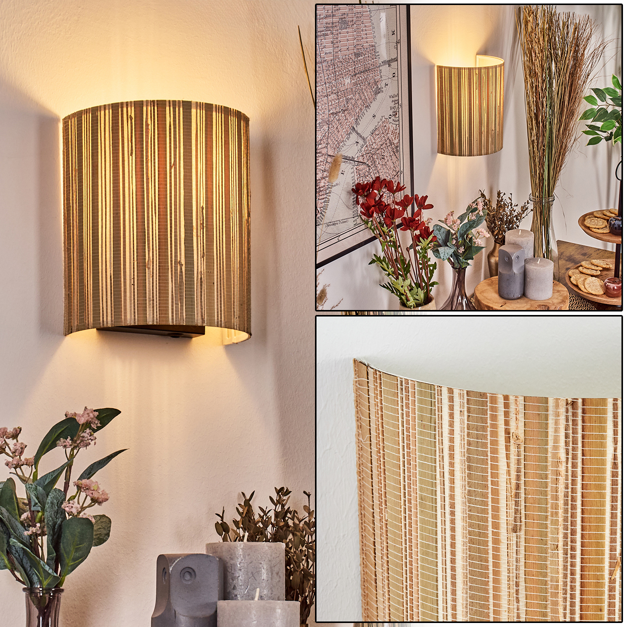 Eine Wandlampe mit strukturiertem Schirm ist an einer weißen Wand befestigt. Andere Dekorationsartikel befinden sich in der Nähe.