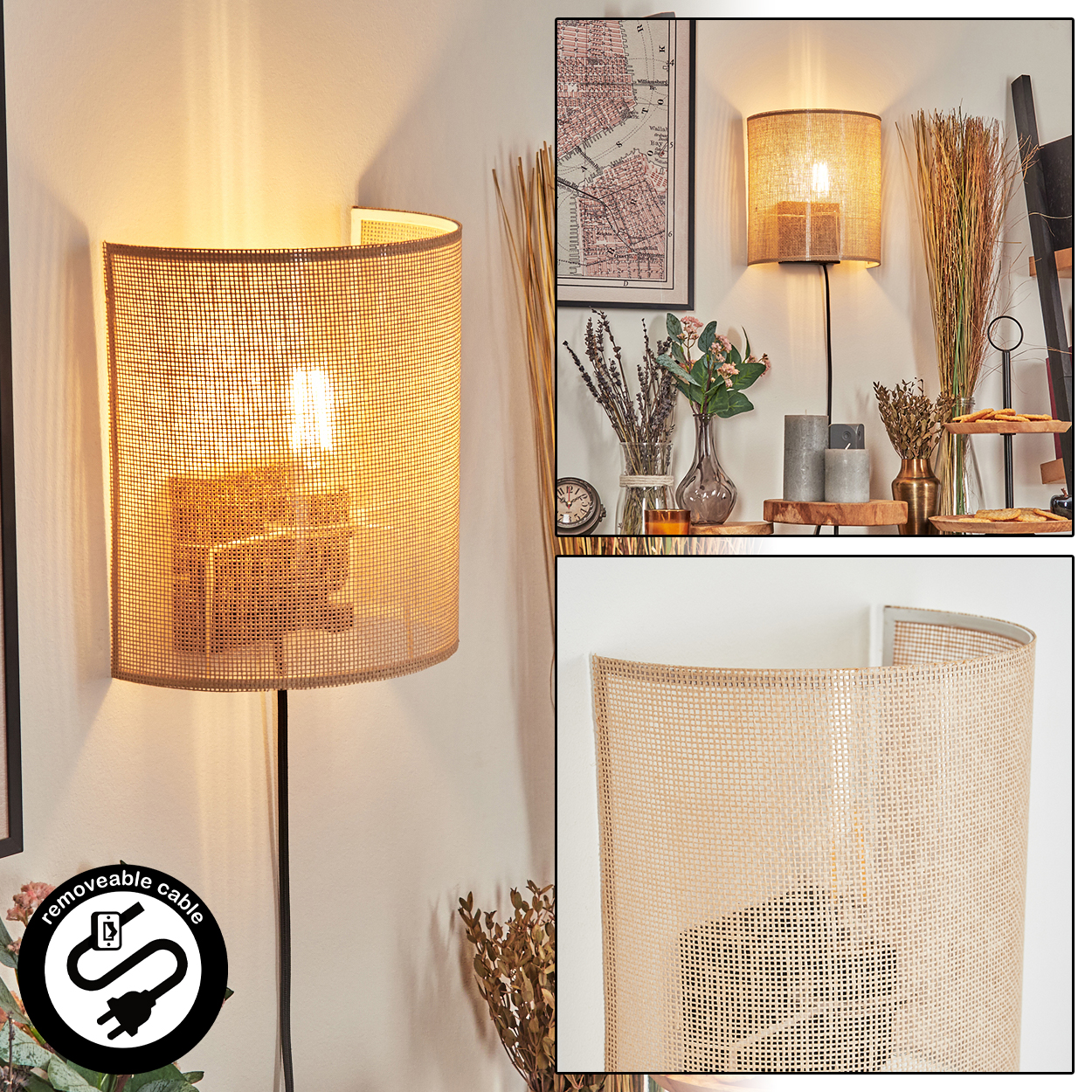 Eine gewebte Lampe vor einer weißen Wand. Die Lampe leuchtet warm. Weitere Dekorationen sind Blumen, eine Karte und Kerzen.