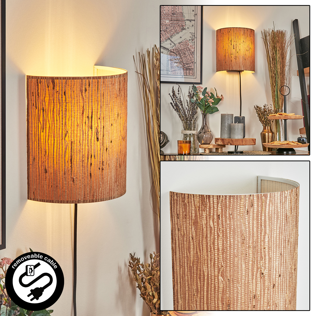 Eine Wandlampe mit strukturiertem Schirm an der Wand. Ein Zeichen für ein abnehmbares Kabel ist sichtbar. Weitere Dekorationen sind ebenfalls vorhanden.