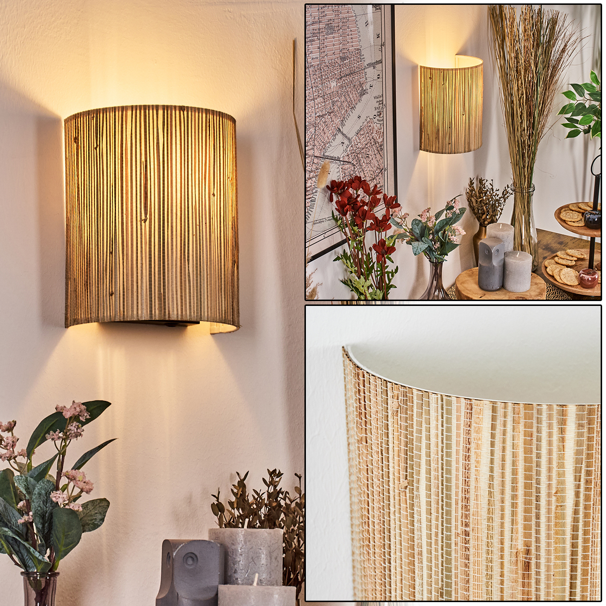 Eine Wandlampe mit strukturiertem Lampenschirm leuchtet und wirft einen warmen Schein. Im Hintergrund sind Blumen, Kerzen und eine Karte zu sehen.