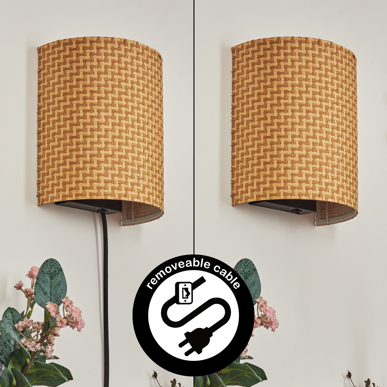 Zwei gewebte Lampen an einer weißen Wand. Eine mit schwarzem Kabel. Symbol für abnehmbares Kabel unten.