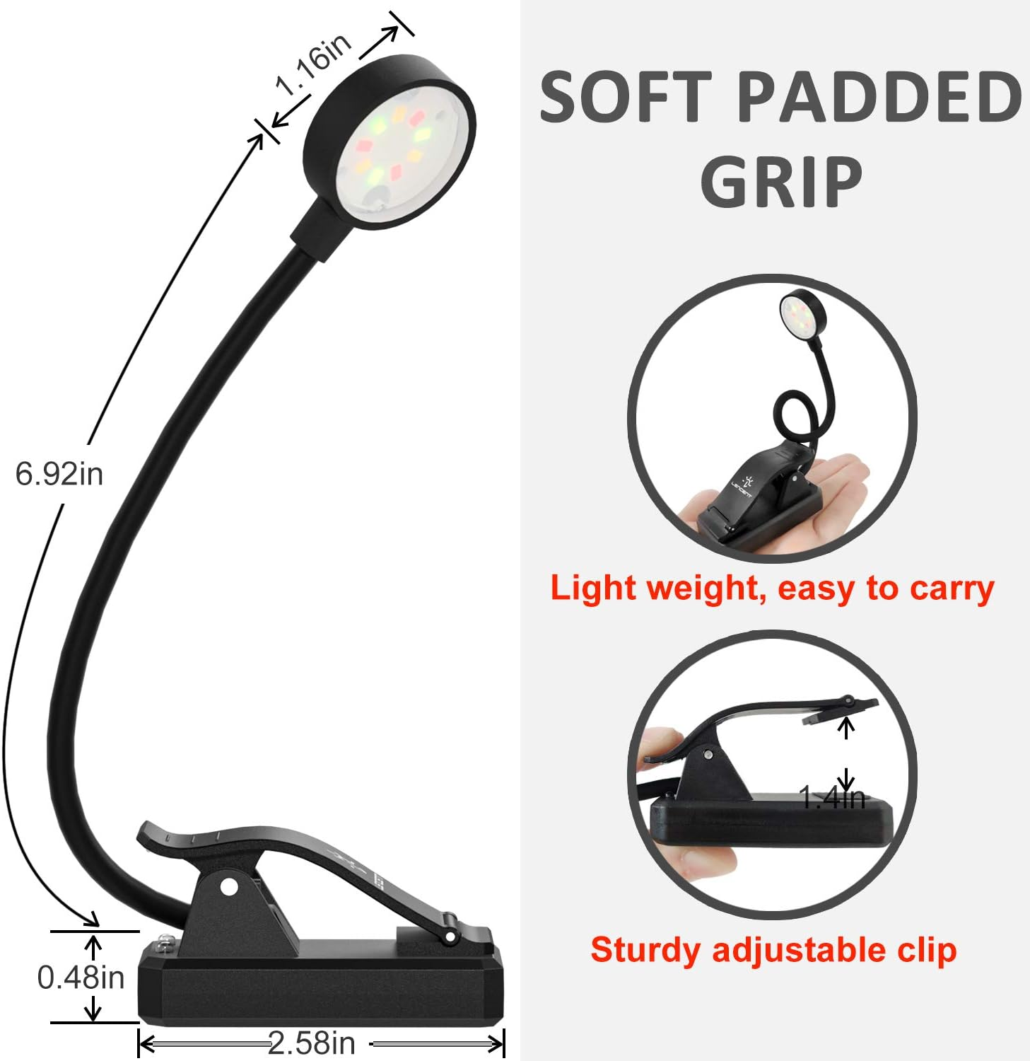 Eine schwarze LED-Clip-On-Lampe mit Abmessungen. Text erwähnt weichen, gepolsterten Griff, geringes Gewicht und stabilen Clip.