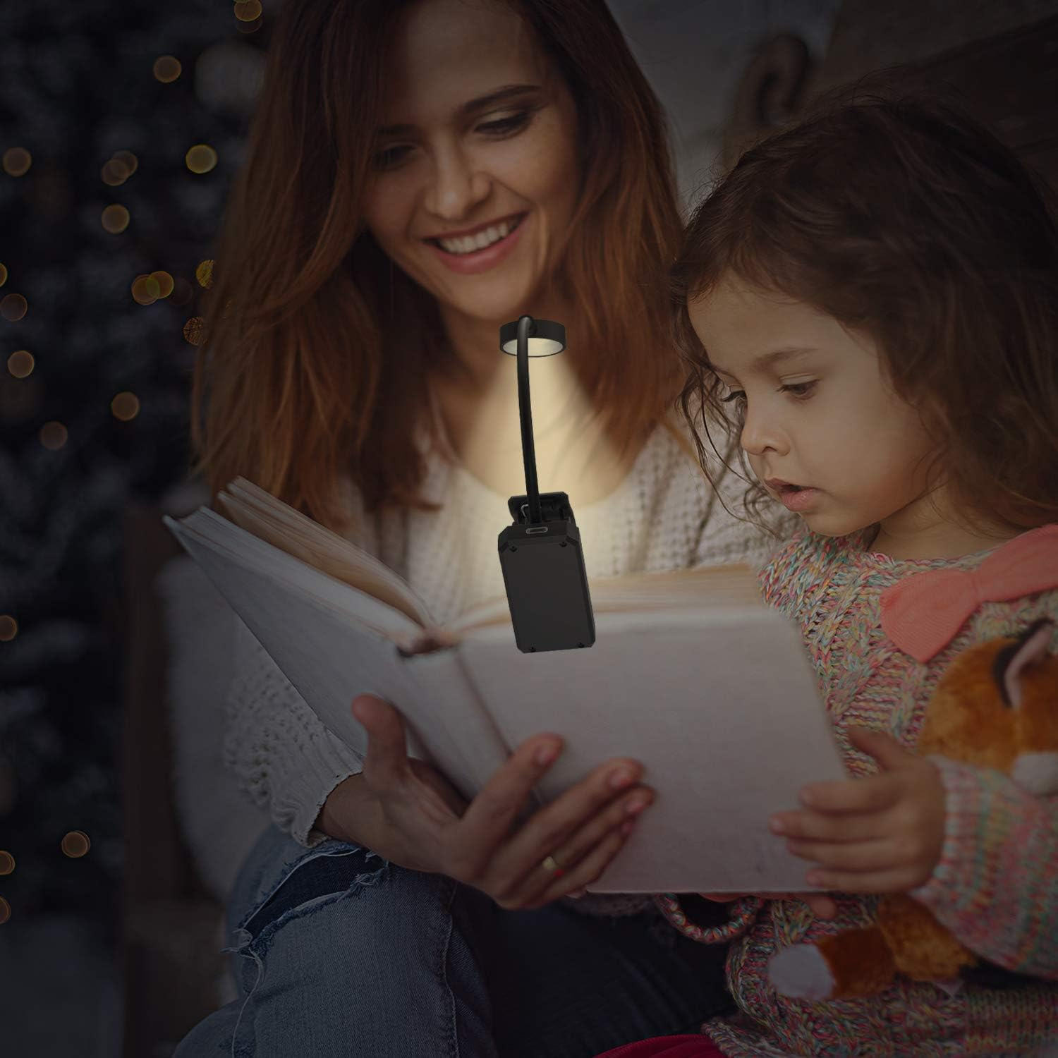 Eine Frau und ein Kind lesen gemeinsam ein Buch, das von einer kleinen Lampe beleuchtet wird, die am Buch befestigt ist. Die Frau lächelt.
