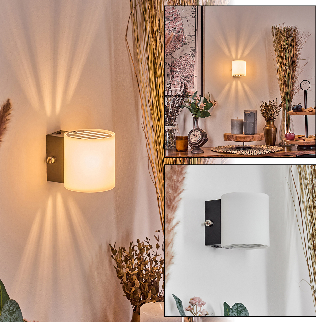 Eine Wandlampe leuchtet und wirft Licht nach oben und unten. Der Hintergrund zeigt einen Tisch mit Dekorationen, darunter Blumen und Kerzen.