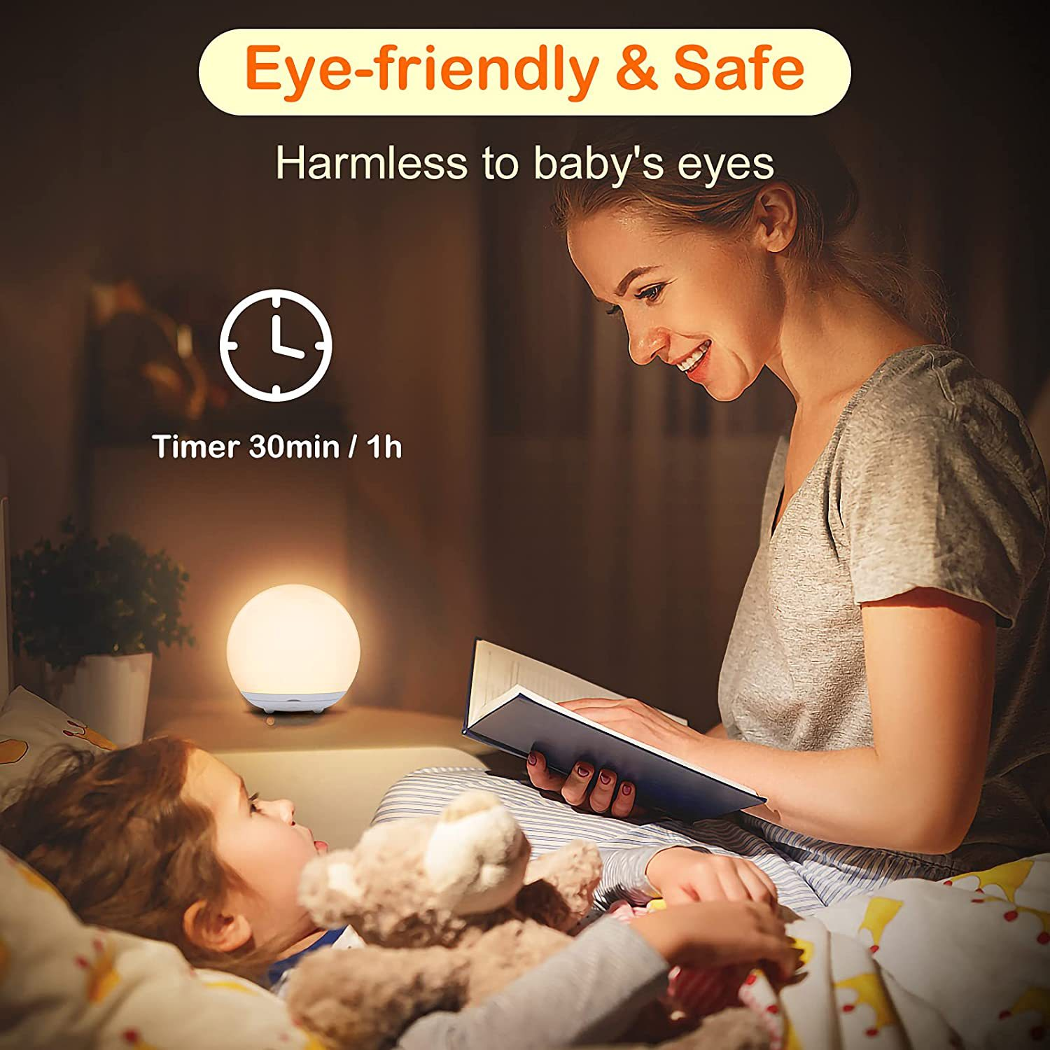 Eine Frau liest einem Kind im Bett vor. Eine Nachttischlampe leuchtet. Text sagt 'Augenfreundlich & Sicher'. Ein Timer-Symbol ist sichtbar.