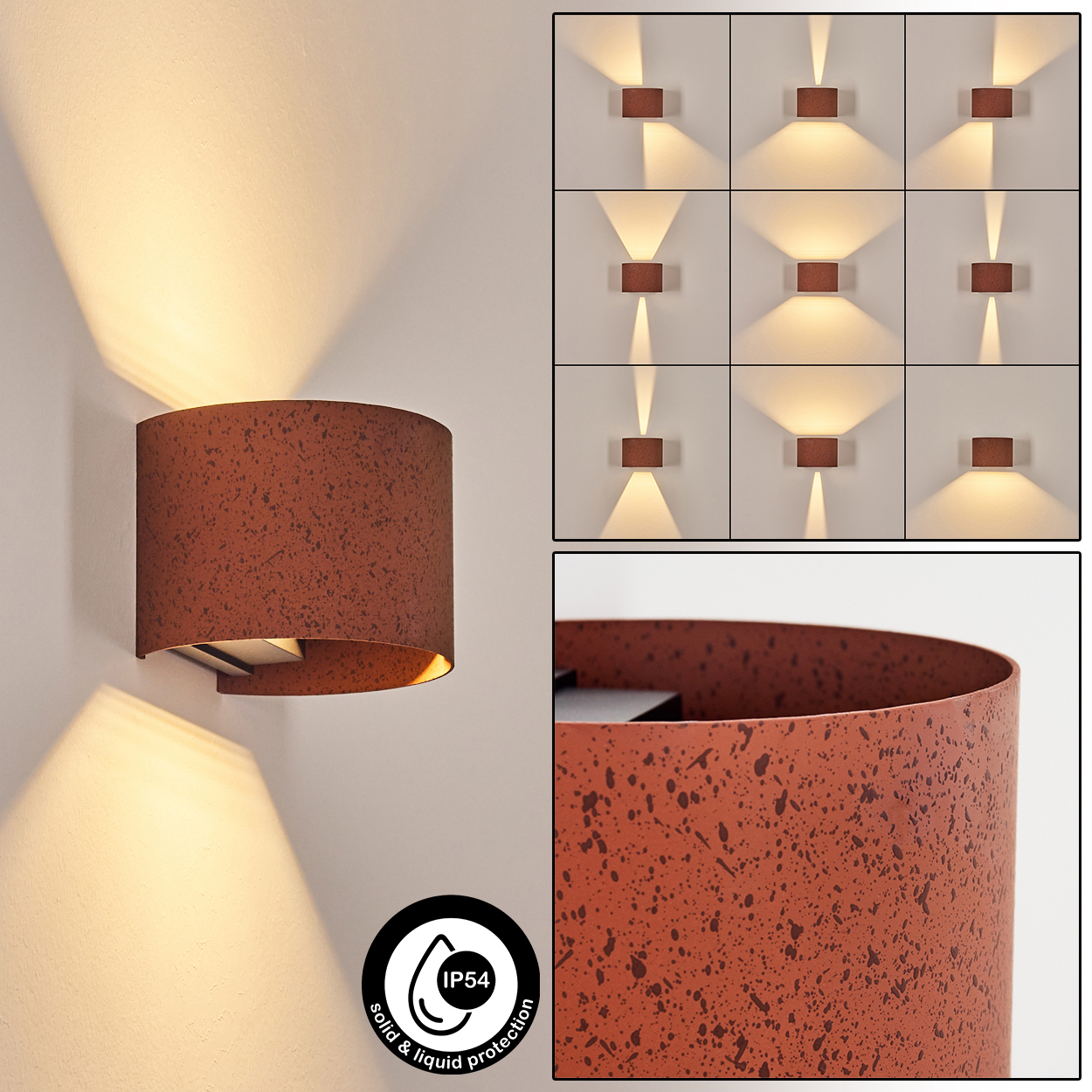 Eine moderne Wandleuchte mit rostbraunem Schirm. Verschiedene Lichtmuster werden gezeigt. Eine Detailaufnahme zeigt die Schirmstruktur und das IP54-Symbol.