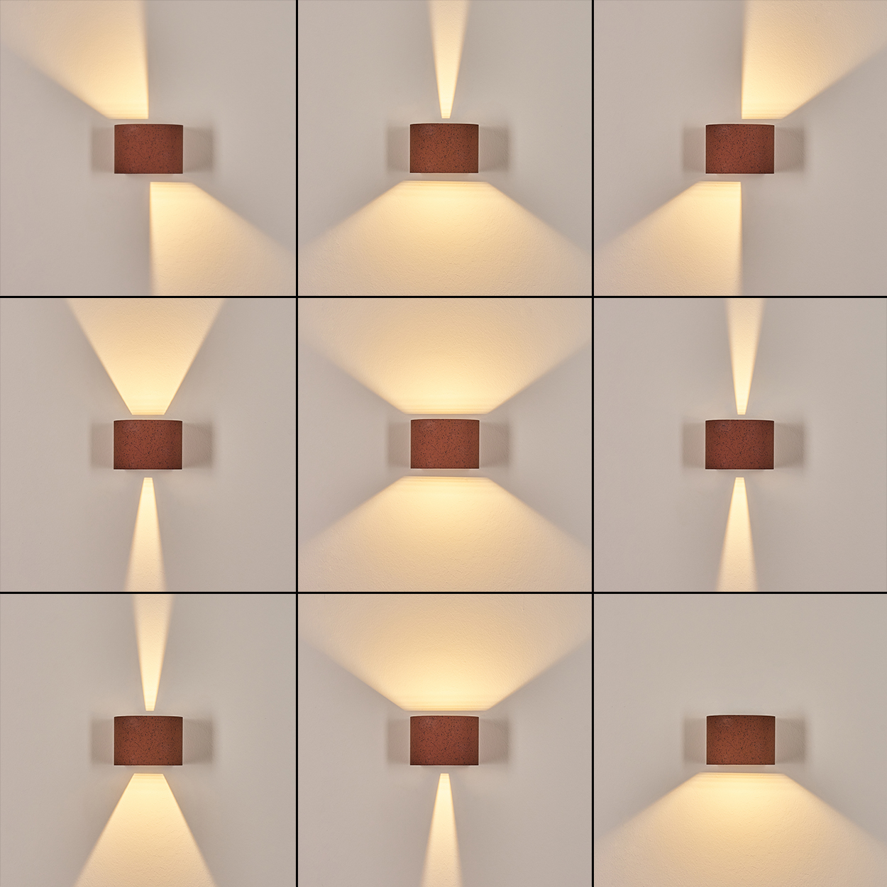 Neun Wandlampen mit braunen Schirmen werden gezeigt. Jede Lampe beleuchtet die Wand mit unterschiedlichen Lichtmustern, alle in einem Raster.