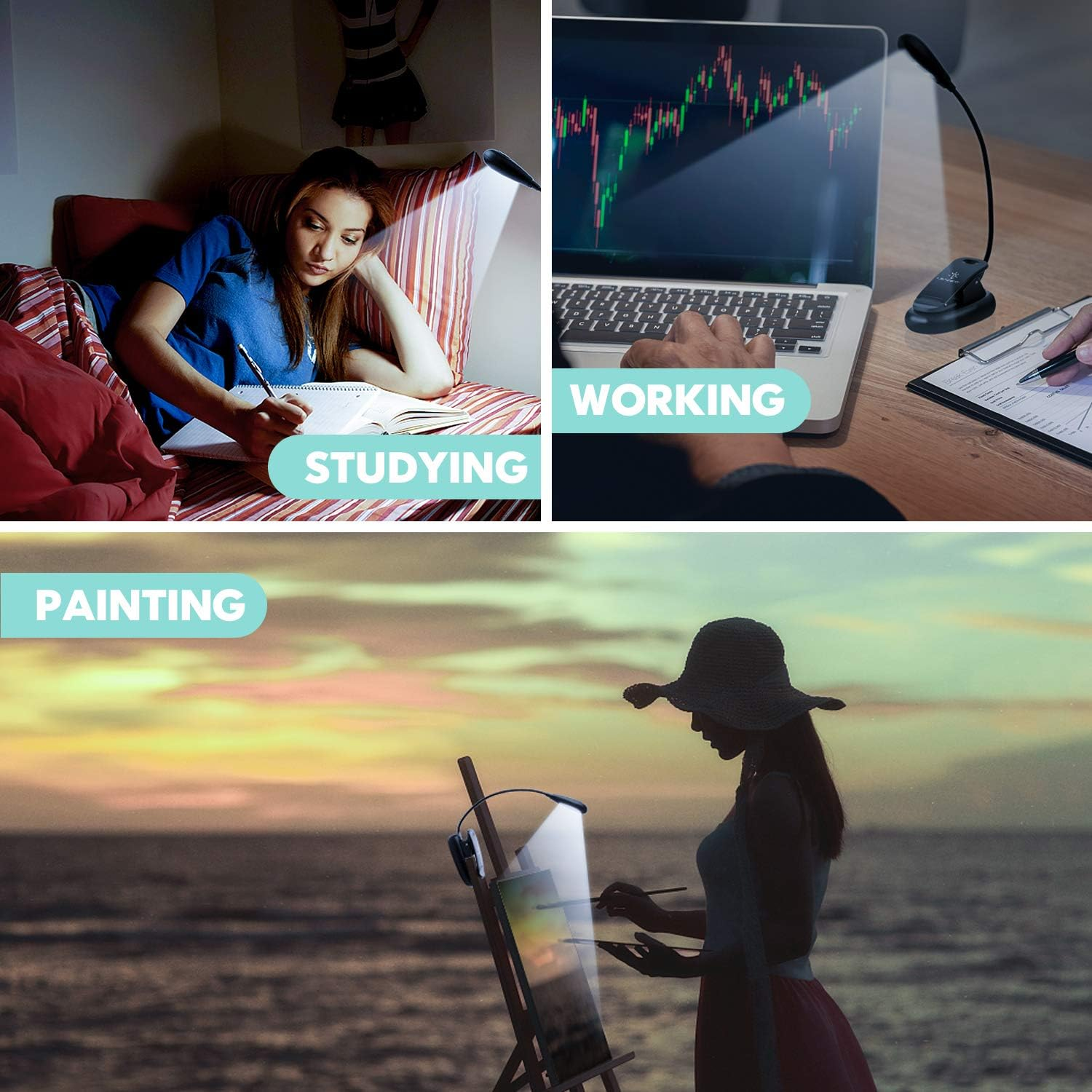 Das Bild zeigt drei Szenen: Studieren mit einer Lampe, Arbeiten mit einem Laptop und Malen am Meer, jeweils von einer kleinen Lampe beleuchtet.