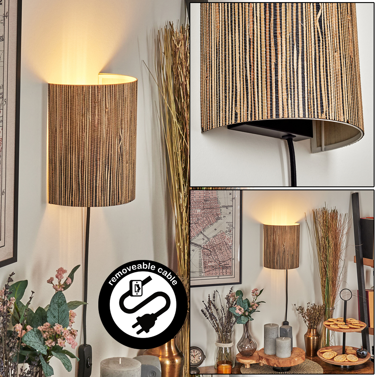 Eine Wandlampe mit gewebtem Schirm ist beleuchtet. Die Szene umfasst Pflanzen, Kerzen und eine Karte. Ein abnehmbares Kabel wird gezeigt.
