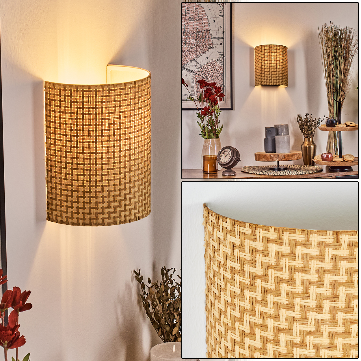 Eine gewebte Lampe an der Wand, die den Bereich beleuchtet. Eine Karte und Dekorationsartikel befinden sich im Hintergrund. Nahaufnahme der Webstruktur.
