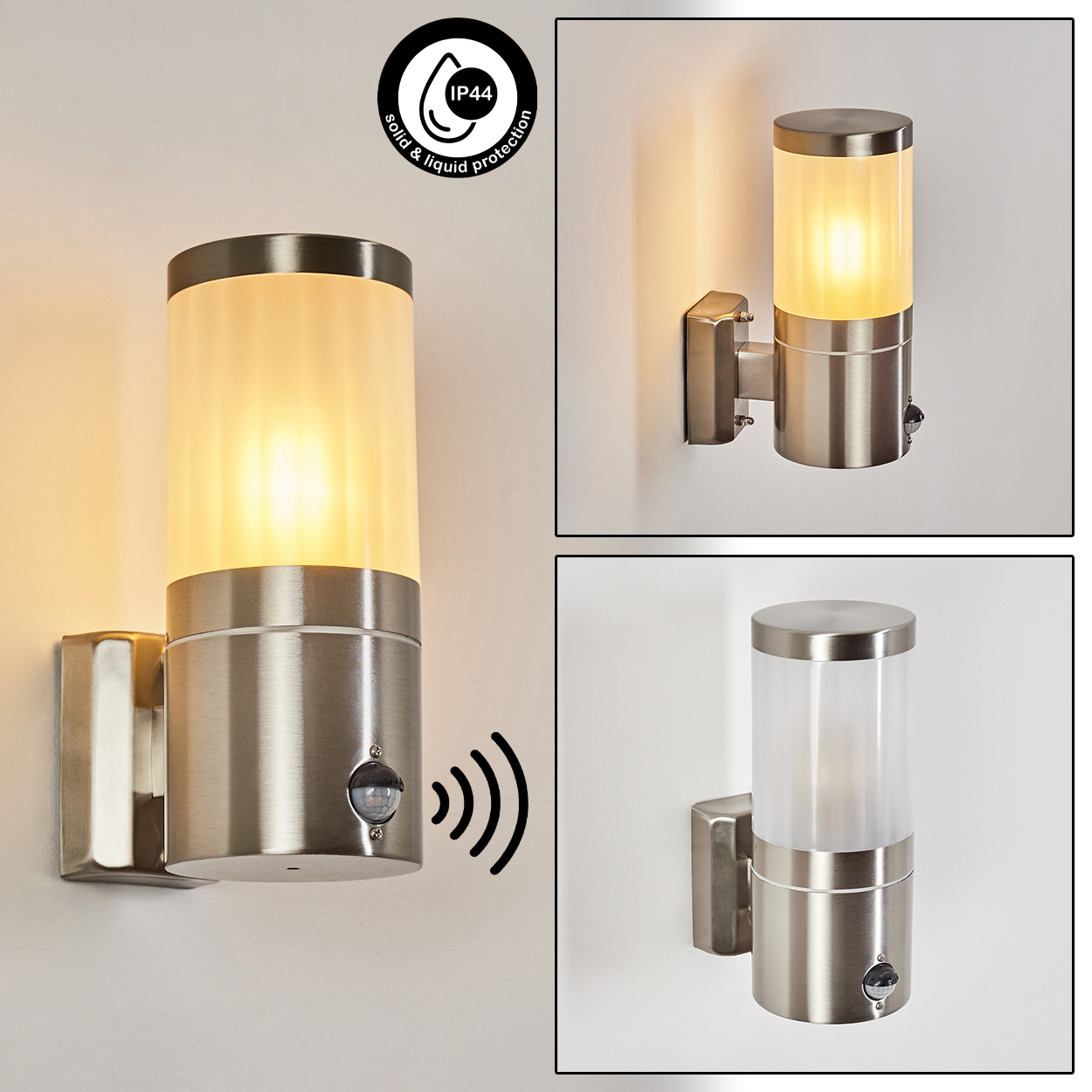 Drei Metall-Außenlampen mit zylindrischer Glasabdeckung. Eine zeigt einen Sensor. Die Lampen sind an einer weißen Wand montiert.