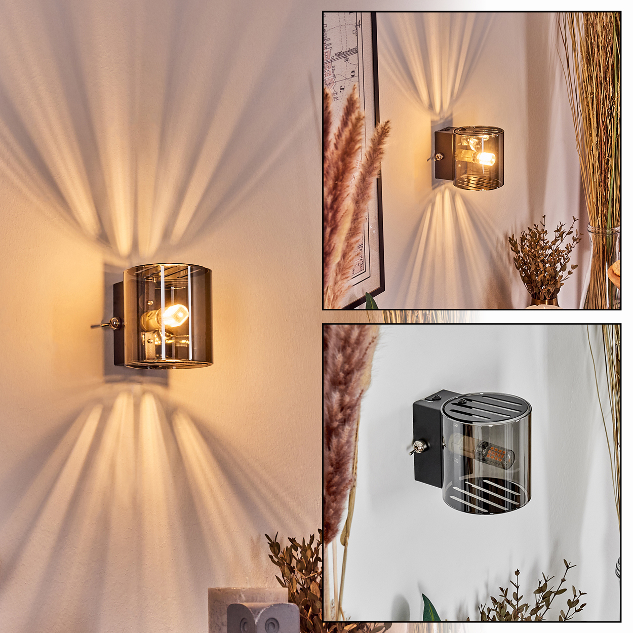 Drei Wandlampen mit zylindrischem Glasschirm und warmer Glühbirne. Die Lampen sind an einer Wand montiert und werfen Lichtmuster.