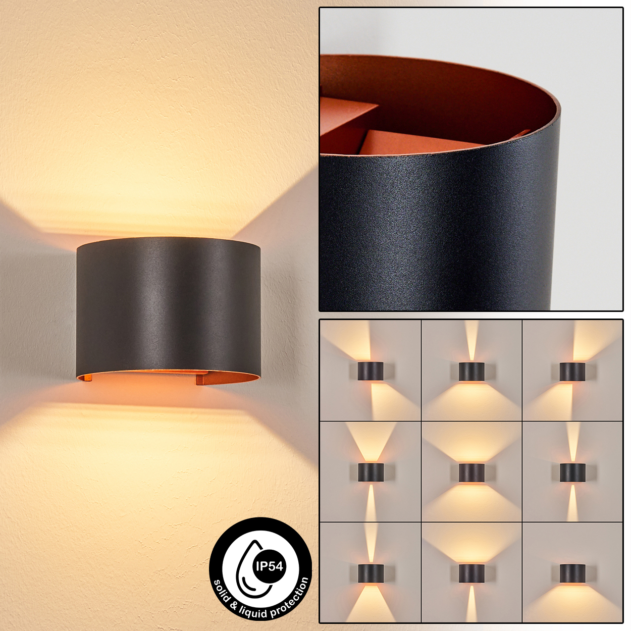Eine moderne Wandleuchte mit schwarzem Äußeren und Kupferinnenraum. Die Lampe strahlt nach oben und unten und hat die Schutzart IP54.