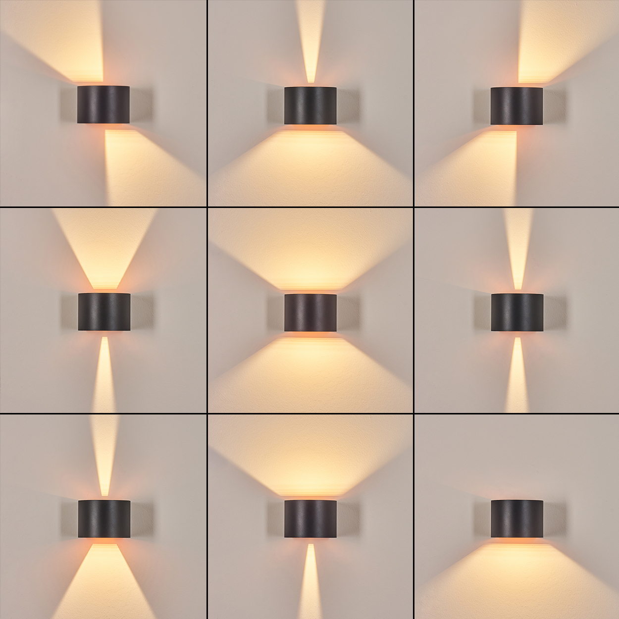 Neun identische schwarze zylindrische Wandlampen. Jede Lampe strahlt ein warmes Licht aus und wirft ein Muster auf die hellfarbige Wand.