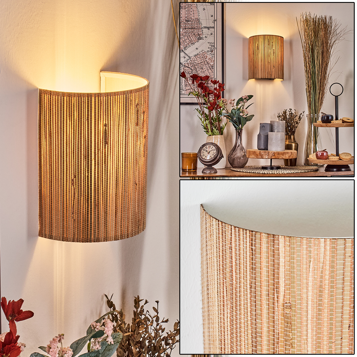 Eine Wandlampe mit gewebtem Schirm ist beleuchtet und wirft einen warmen Schein. Andere Dekorationsartikel sind sichtbar, darunter Blumen, eine Uhr und eine Karte.